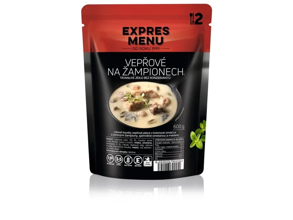 Expres Menu Vepřové na žampionech 2 porce Získejte slevu -5% za registraci v e-shopu Top Prodej