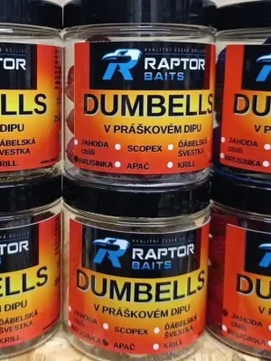 Akční Cena Raptor Baits DUMBELLS 250 ml – v práškovém dipu Brusinka
